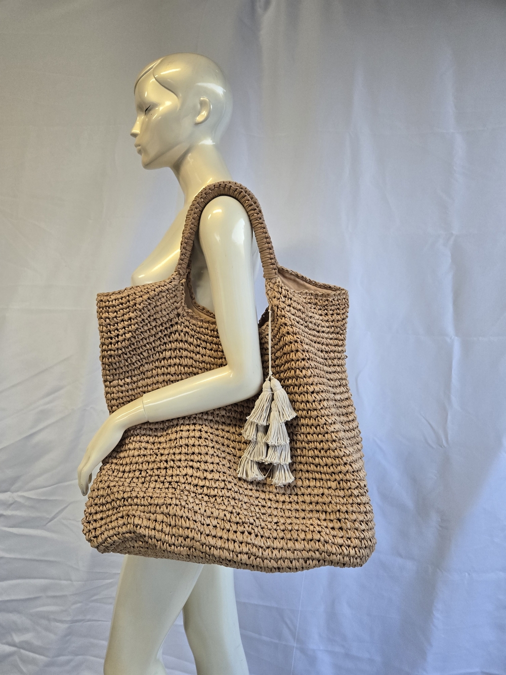 Fallon And Royce Woven Straw Tote Bag with Tassels - Beige